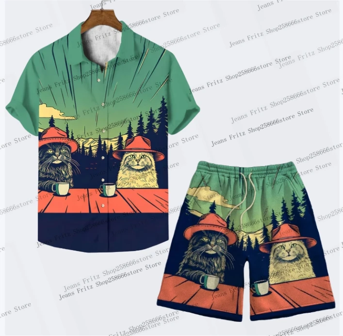 Men's Cat Graphics Shirts Short Sleeve Shirt For Summer 3D Printing Oversized 2Pcs Sets Casual Hawaiian Shirts +Shorts