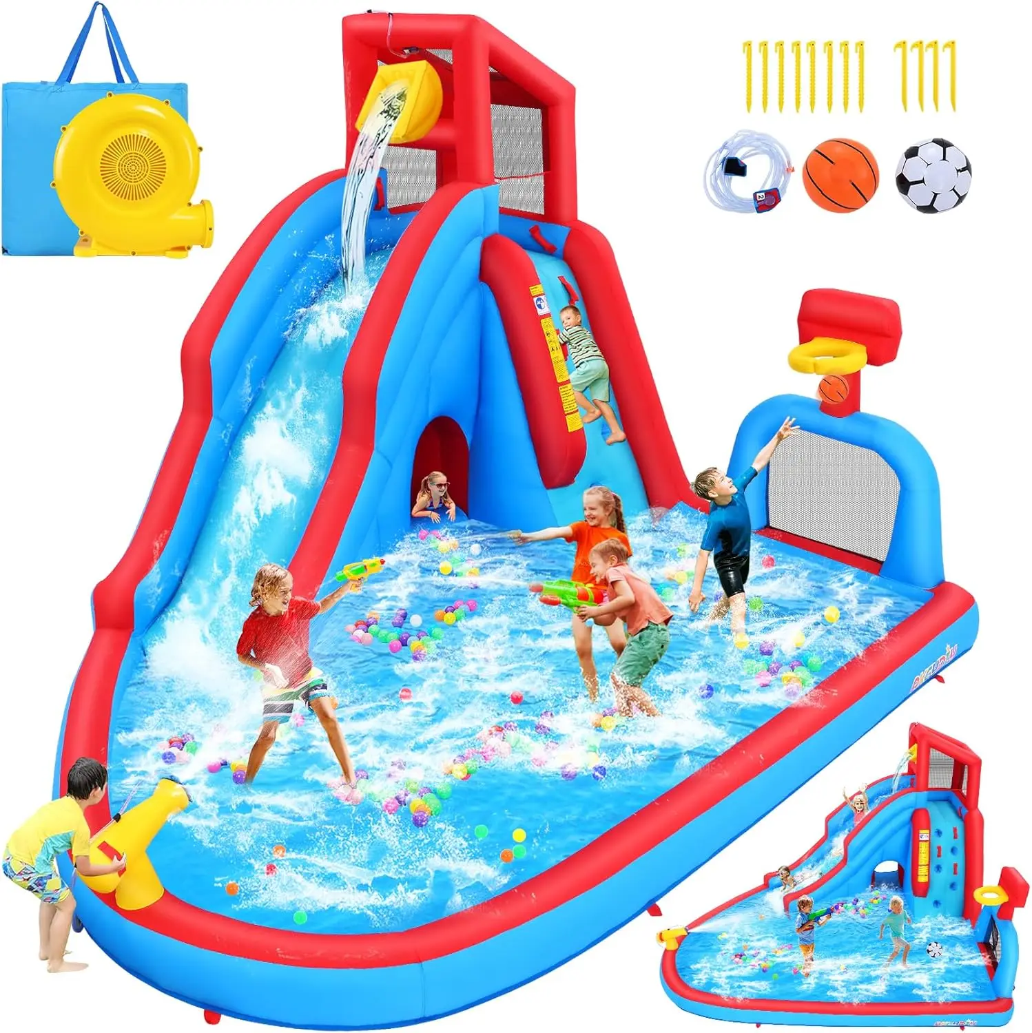 Opblaasbare waterglijbaan voor kinderen in de achtertuin, 14,2 ft waterglijbaan Park Bounce House met groot zwembad, glijbaan, voetbalveld, dumpemmer, obst