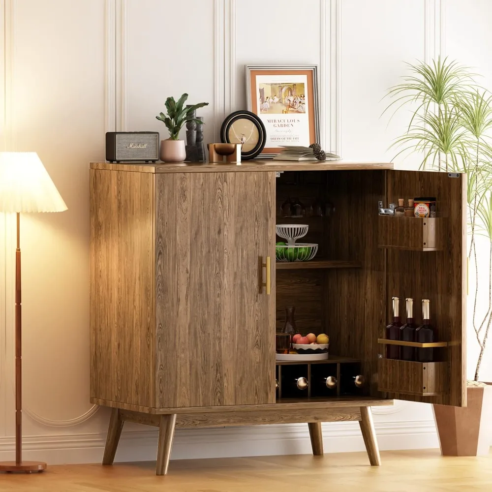 خزانة تخزين النبيذ والزجاج البني مع أبواب مزدوجة ورف النبيذ المدمج #6