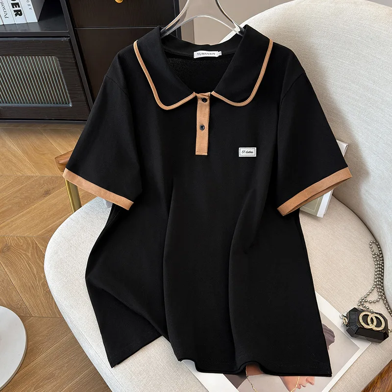 175Kg Plus Size Women\'s Bust 170 Summer Loose Lapel Top Short Sleeve T-Shirt Black White 6XL 7XL 8XL 9XL 10XL 11xl