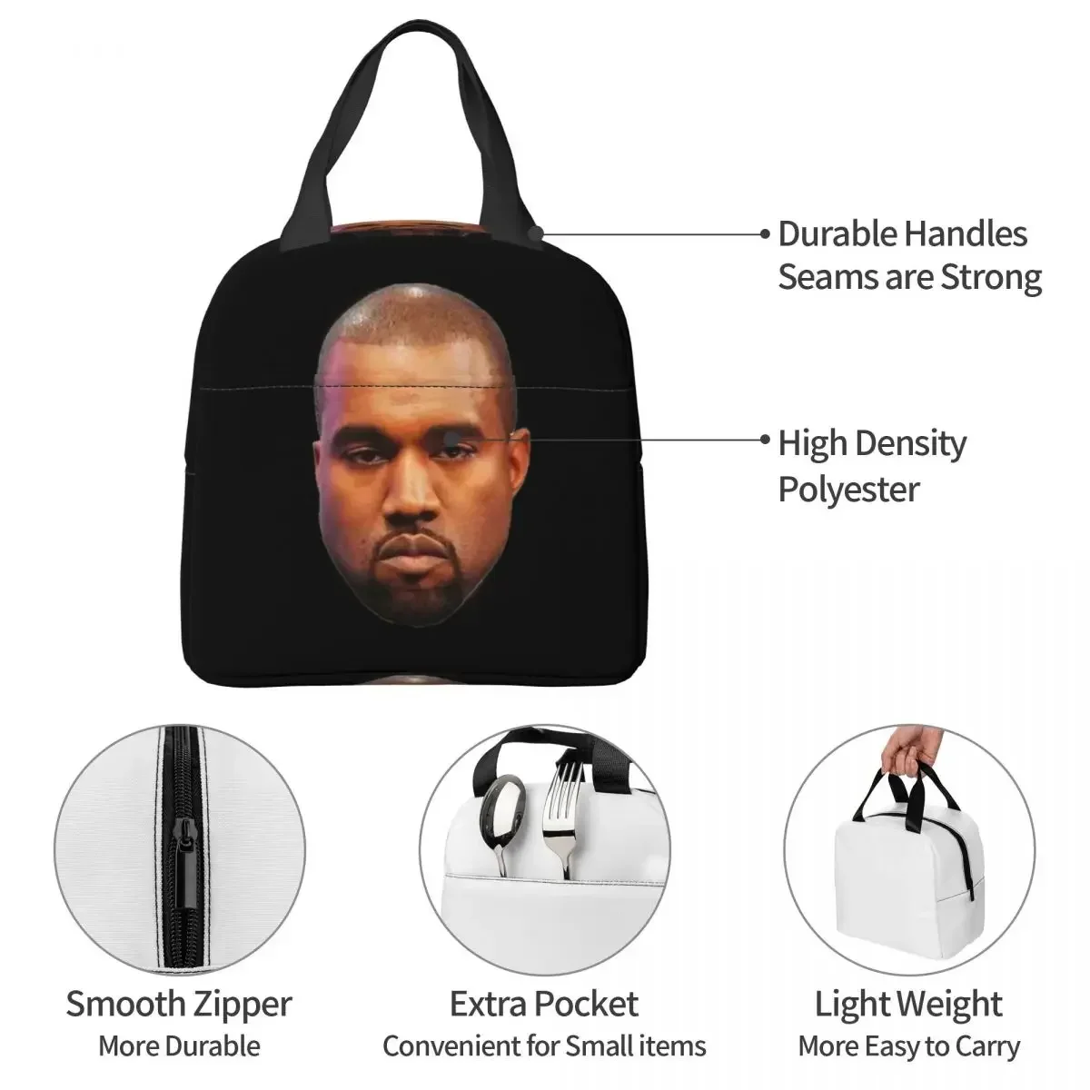 Bolsas de almuerzo con aislamiento facial Kanye West Meme, bolsa térmica, contenedor de almuerzo, bolsa grande divertida, bolsa Bento, viaje universitario