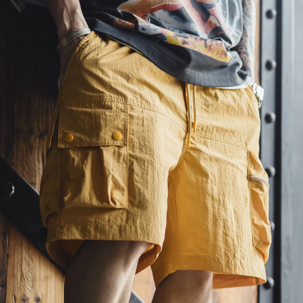 Maden Outdoor Quick-Dry Lightweight Yellow Cargo Shorts Men's Summer Sports Shorts with Drawstring Waist Multi-Pocket Bottoms