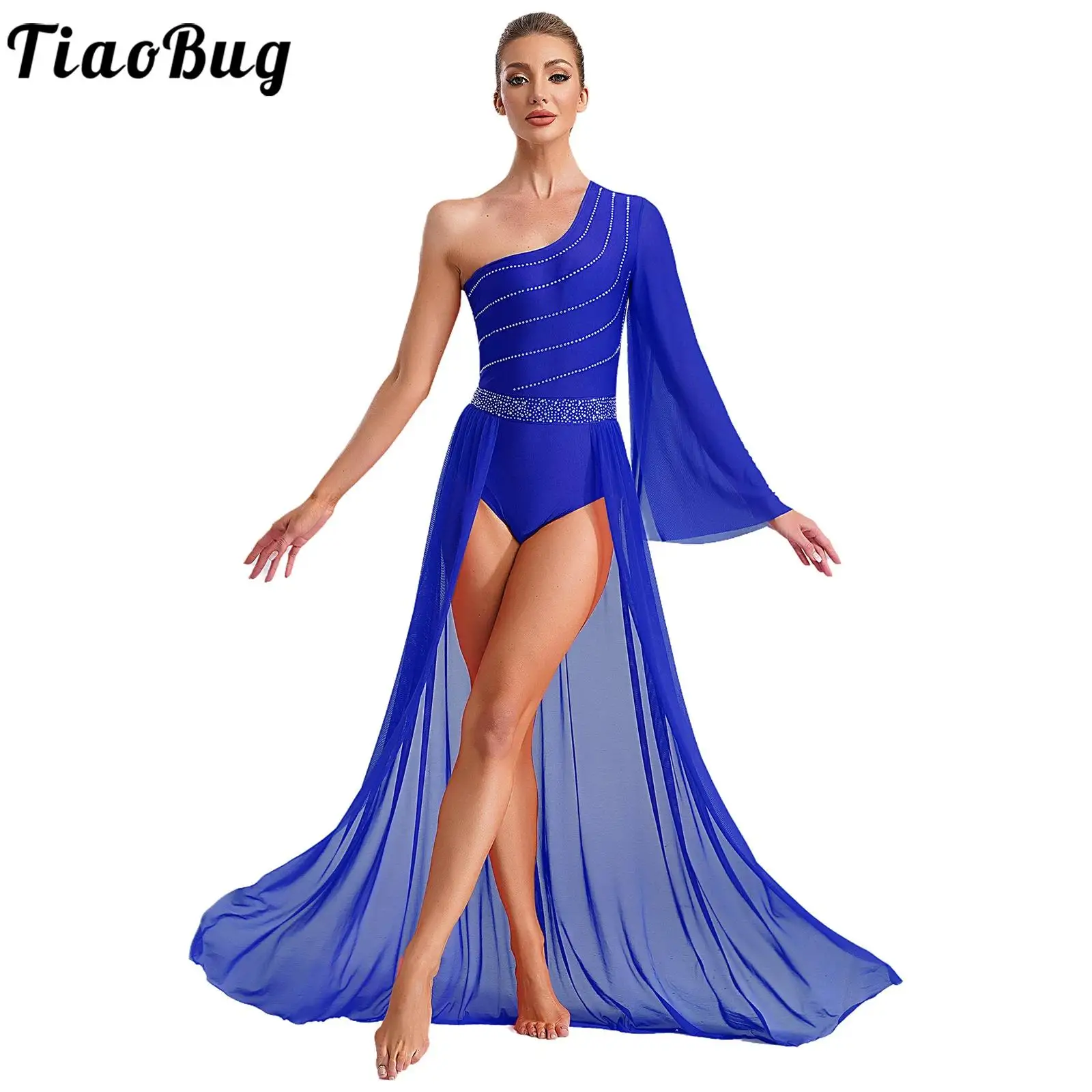 

Womens One Shoulder Full Length Lyrical Dance Costume Sheer Mesh Flared Sleeve Shiny Rhinestones Flowy Split Dress Dancewear