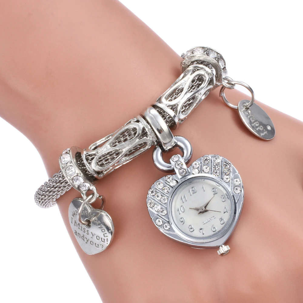 Fashion Sweet Heart Dial Rhinestone Women Steel Bracelet Watch