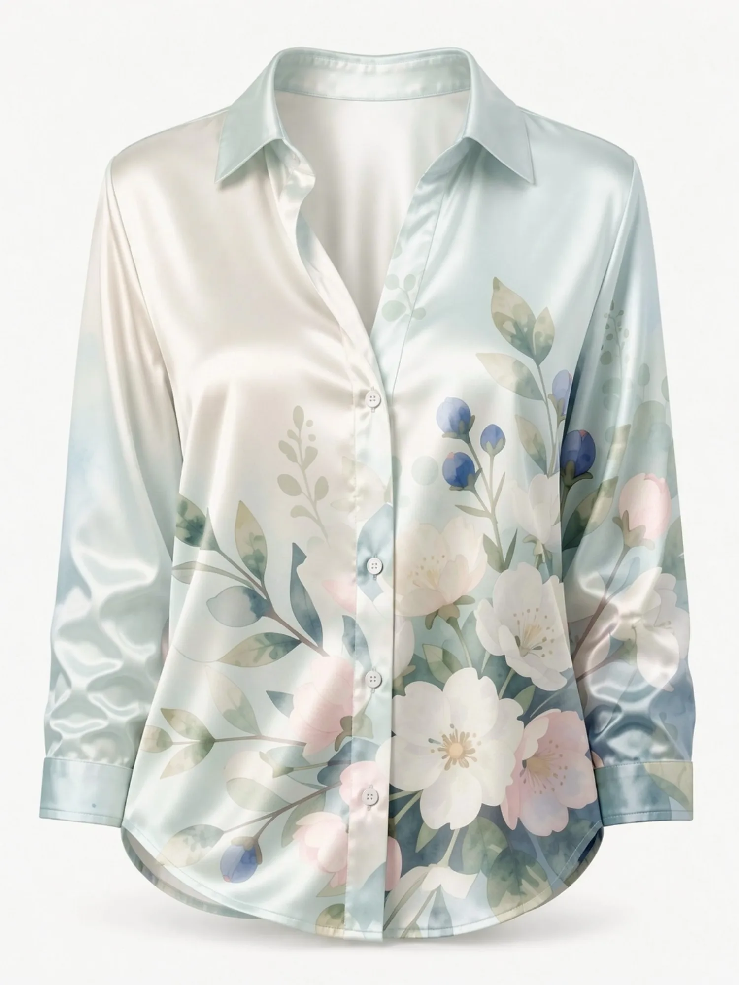 Powder Blue Floral Satin Blouse for Women Long Sleeve Button Down Shirt Boutique Shopping Office Cafe Elegant Silky Top Style US