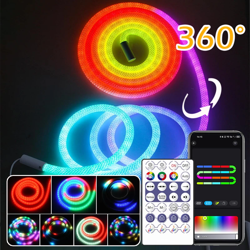 

WS2811 RGBIC Round Reticulate Neon Strip, 360° Flexible Dream Color Rope Light for Bedroom Decor