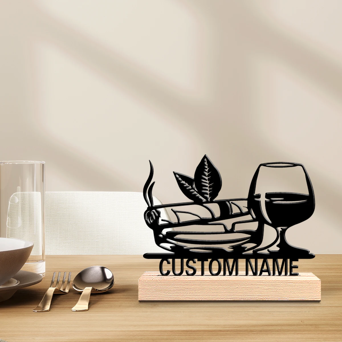 1pc Weird Personalized Custom cigar Metal Statues Wooden Base Wall Decor for Kitchen Dining Room Modern Rustic Home Style