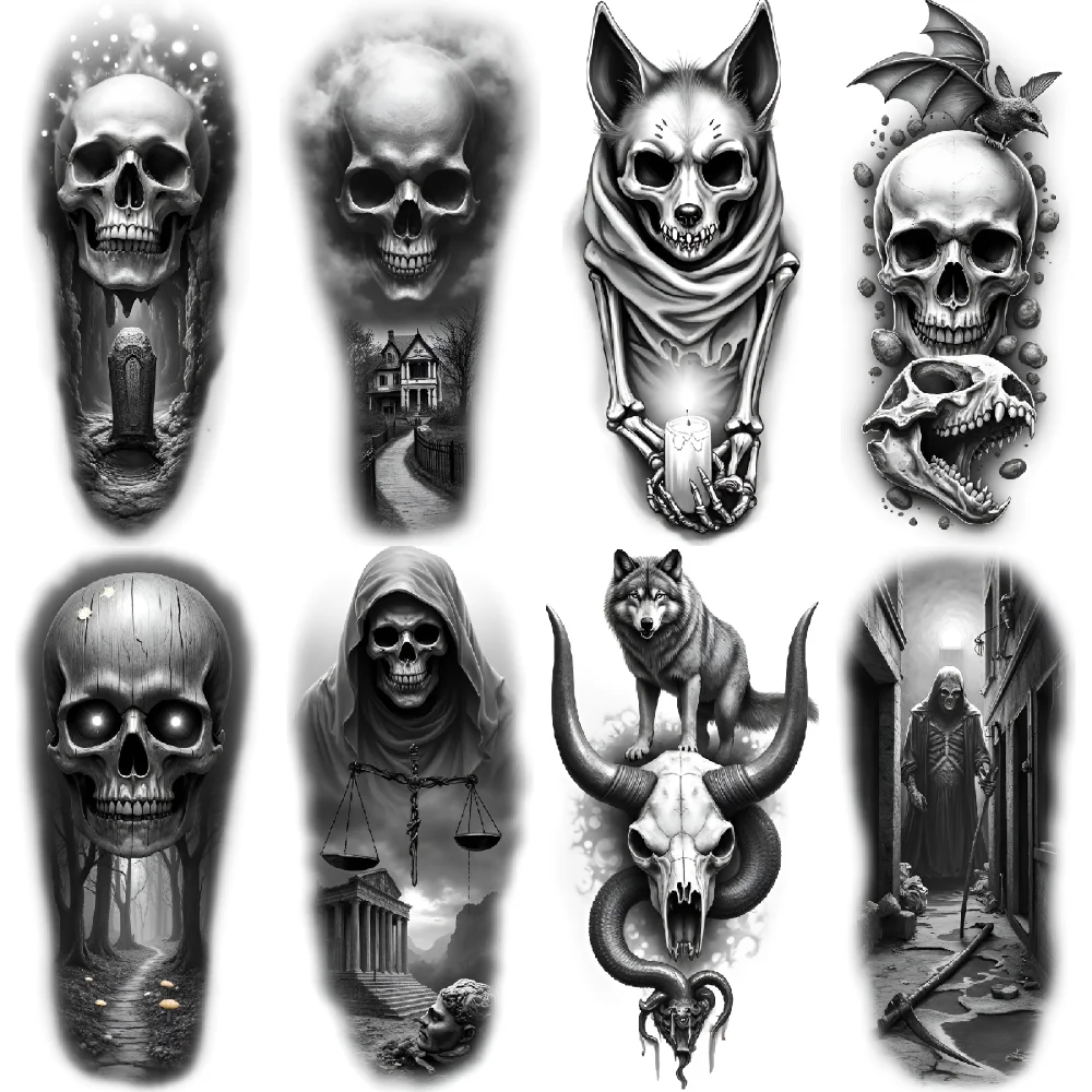 

3pcs Temporary Tattoo Horned Skull Black And Grey Realism Hooded Figure Graveyard Skull Realistic Temporary Tattoos For