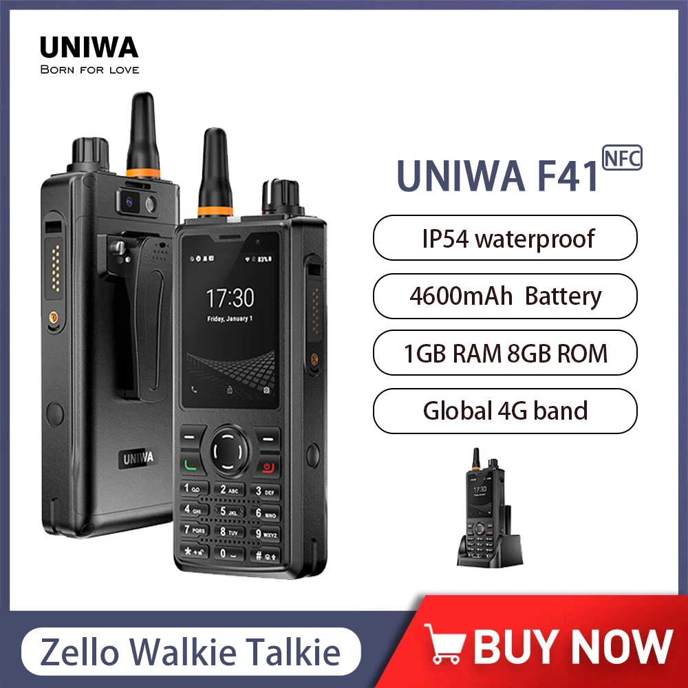 Global UNIWA F41 4G POC Walkie Talkie Zello Robuuste telefoon 2,4 "touchscreen 1GB + 8GB Waterdichte smartphone Android 8.1 4600mAh NFC