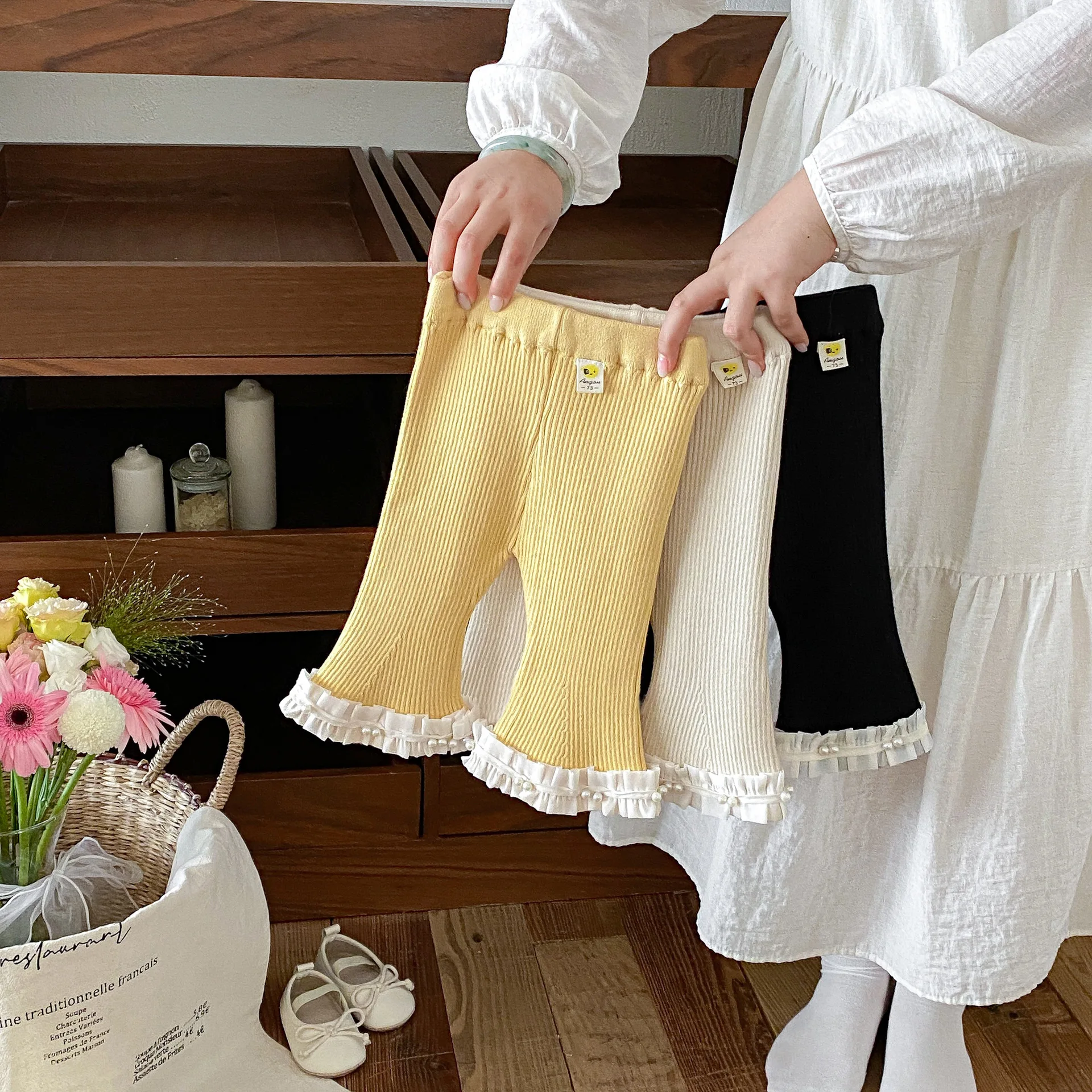2026 Autumn Baby Trousers Girls' Knitted Flared Pants with Ruffled Trim Soft Comfortable 6M-4T Kids Bell Bottoms Pants Leggings