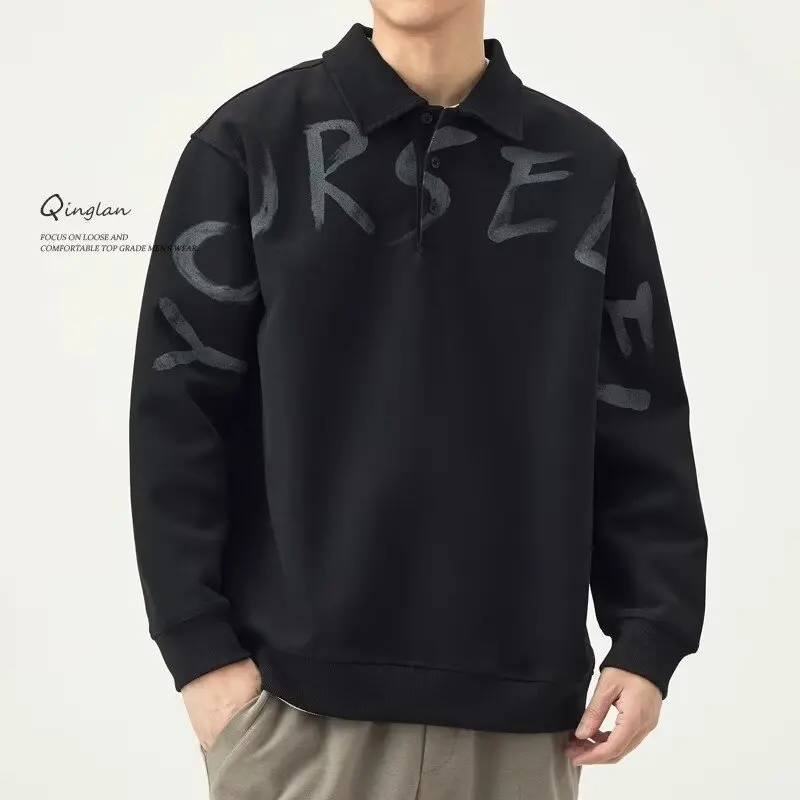 S-5XL outono moletom masculino coreano cor sólida manga longa polo camiseta moda masculina roupas o pescoço harajuku esportes topo novo