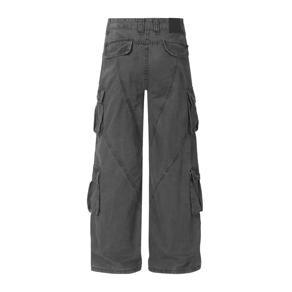 Retro Vintage Grey Workwear Jeans Pants Men's Multi Pocket Wide Leg Floor Pants High Street Heavy-duty Washed Denim Pants
