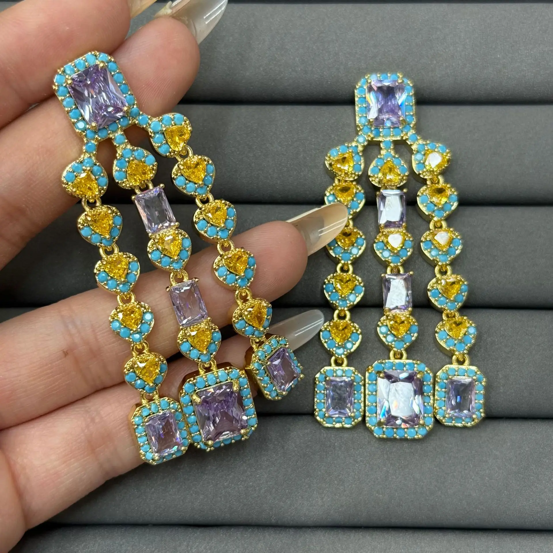 Vintage Chandelier Earrings Zircon Multi‑Layer Long Tassel Dangle Earrings Colorful Evening Wedding Party Statement Jewelry