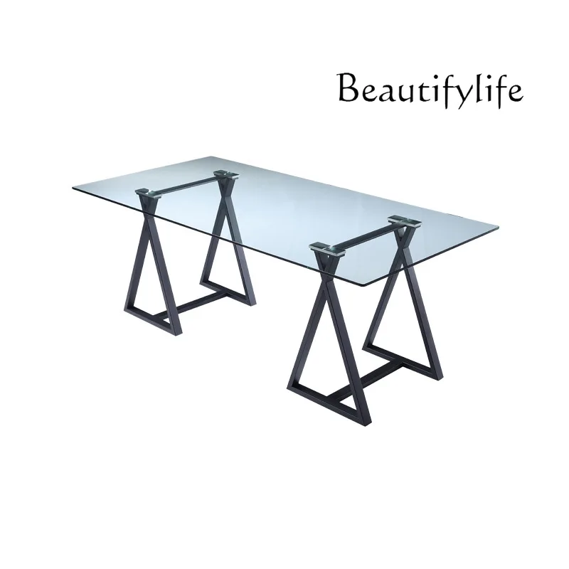 

Light luxury tempered glass dining table Home restaurant High-end French European stainless steel rectangular hotel dining table