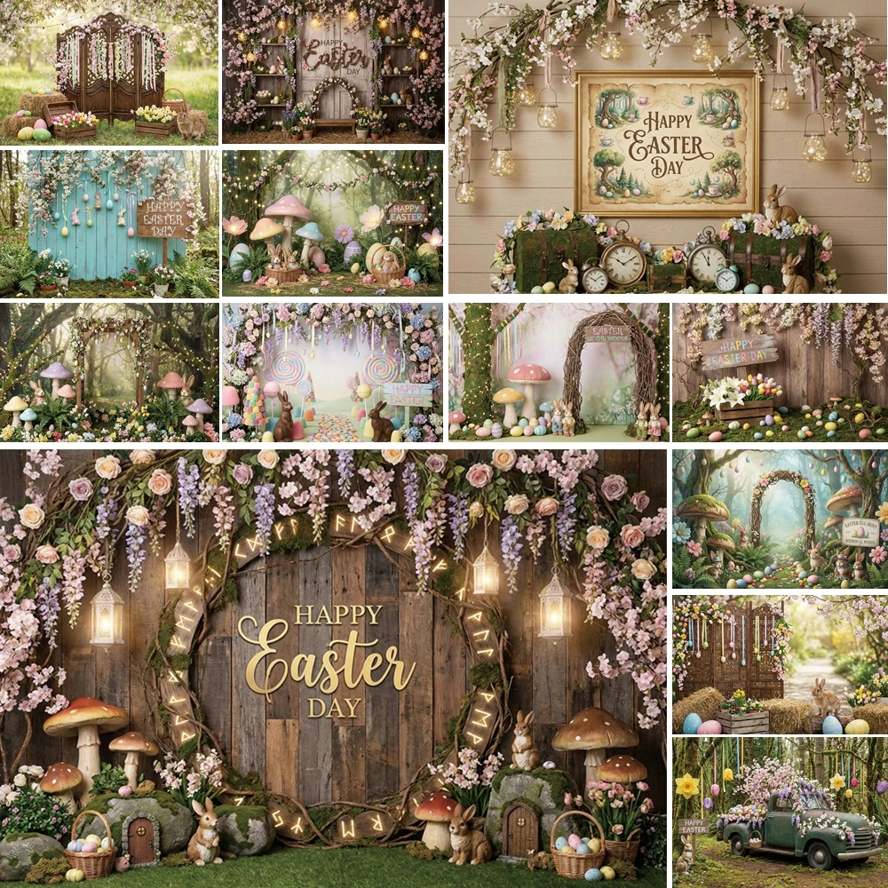 

MOON.QG Easter Day Photographic Background Fence Wood Bunny Mushroom Backdrop Maternity Wallpaper Poster Photocall Photo Studio