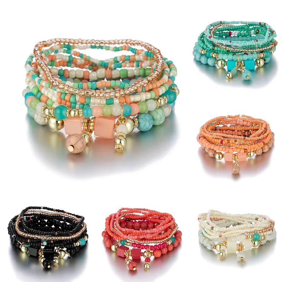 8Pcs Bohemia Colorful Rice Beads Bracelet Set For Women Summer Handmade Beaded Chain Bangle Female Boho Ethnic Jewelry Gift