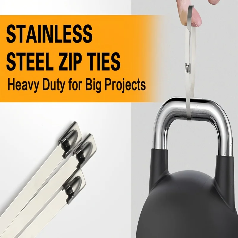 100pcs Metal Zip Ties 9.8Inch 304 Stainless Steel Zip Ties Multi-Purpose Self-Locking Cable Ties for Machinery, Vehicles, Farms