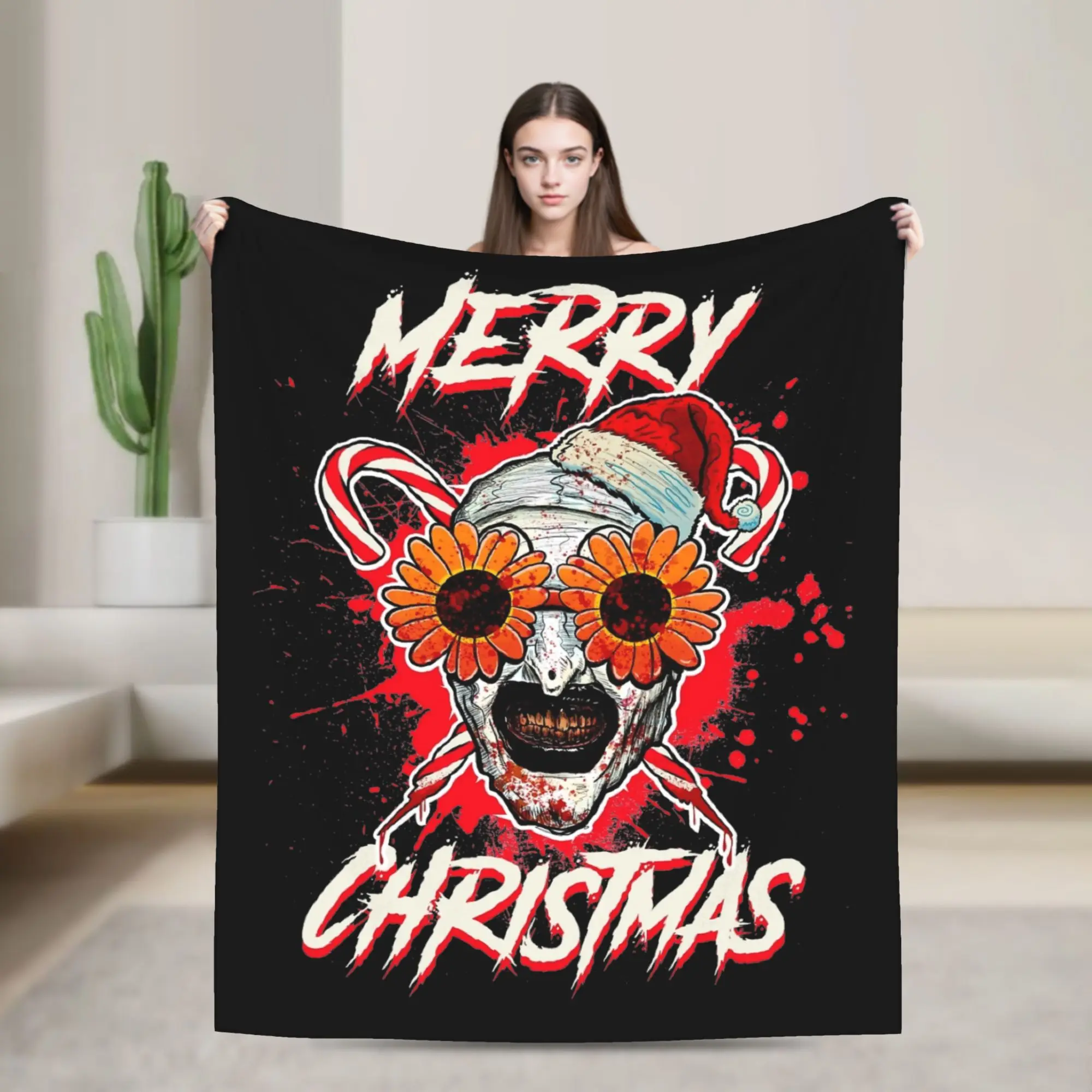Merry Xmas Sunflower Horror Clown Movie Terrifier Blanket Flannel  Winter  Lightweight Throw Blankets for Home Bedroom Quilt