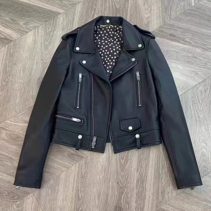 Women Coat Spring High Quality 2024 New Arrival Locomotive Model Short Length Genuine Leather Jacket Inner With Star Pattern