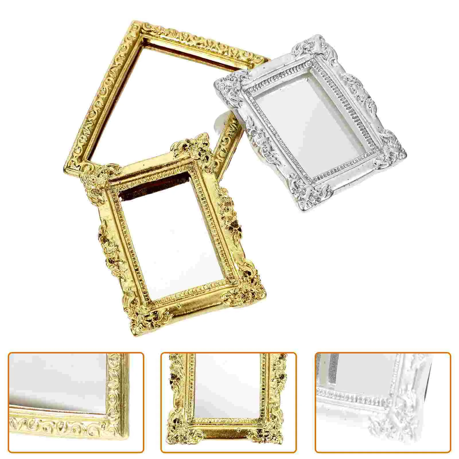 3 Pcs Dollhouse Mirror Household Tiny Miniature Wear-resistant Plastic Ornaments Micro Models Supplies Adornment Gold Decor