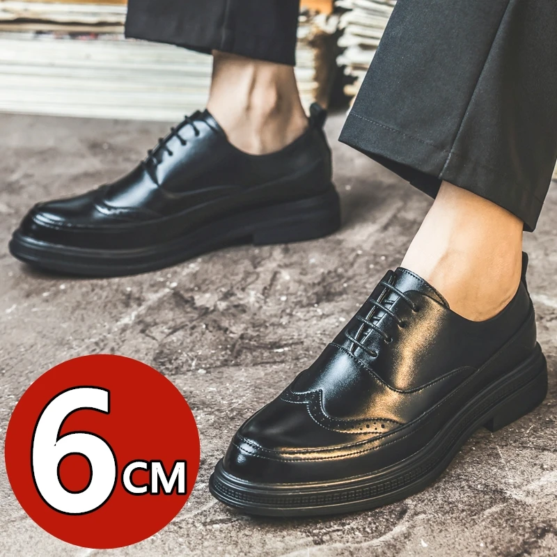 Men's Height Increasing Leather Shoes Business Formal Lace-Up Oxford Brogue Elevator Shoes Retro Groomsmen Wedding Party Shoes