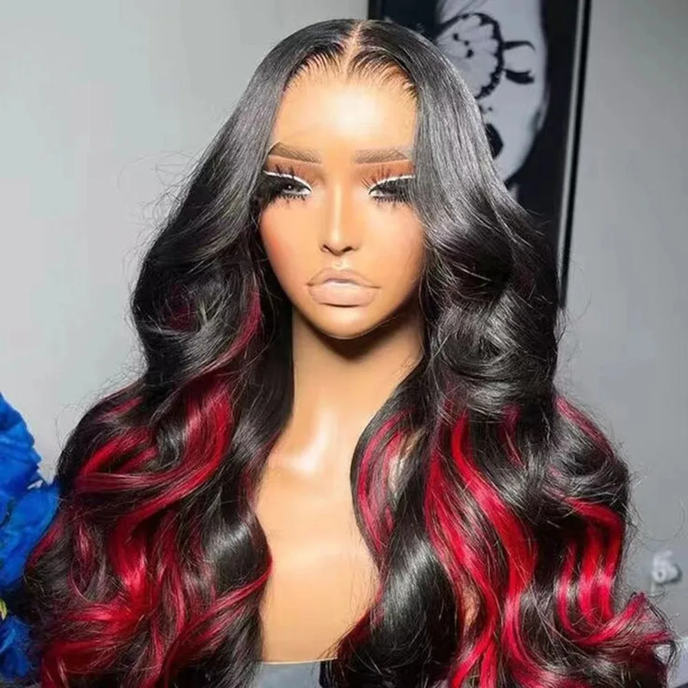 

Черно-красные пряди с эффектом волны, парик с кружевной передней частью 13x4 HD, синтетический, высококачественный, предварительно прорезанный, без клея, для косплея