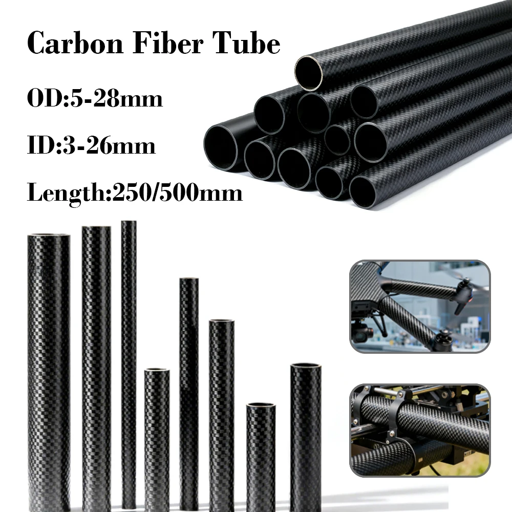1 pz Lunghezza 250/500mm Tubo In Fibra di Carbonio Materiale Composito Ad Alta Durezza 3K Twill Opaco OD5-28mm Tubi Per accessori drone