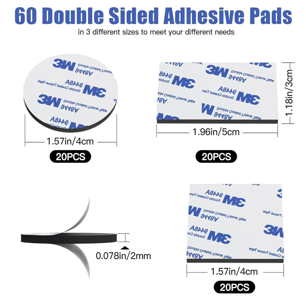60個の高耐久両面粘着パッド - 壁、車、家の装飾用のフォームテープ |   残留物なし、防水マウンティングテープ付き