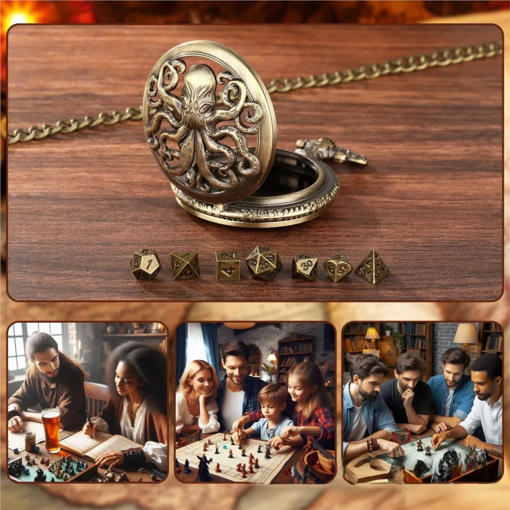 7 DND Mini Dice, Pocket Watch Set Polyhedral Metal Dice, Perfect for Dungeons & Dragons, Tabletop RPGs