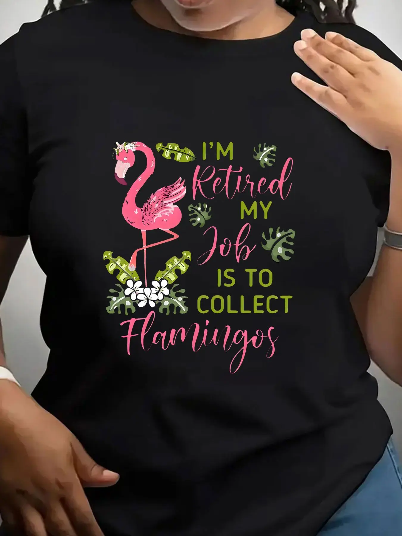 Women's Trendy Crew Neck T-Shirt Retired Job Collect Flamingos Print Suitable for Casual Sportswear