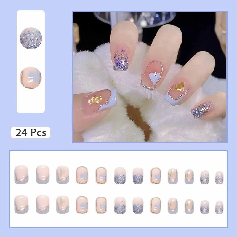 Krótka kwadratowa prasa na paznokcie Temperament Nail Art w kształcie serca Ins Style Fake Nail Nude Color z 1 żelem galaretkowym i 1 pilnikiem do