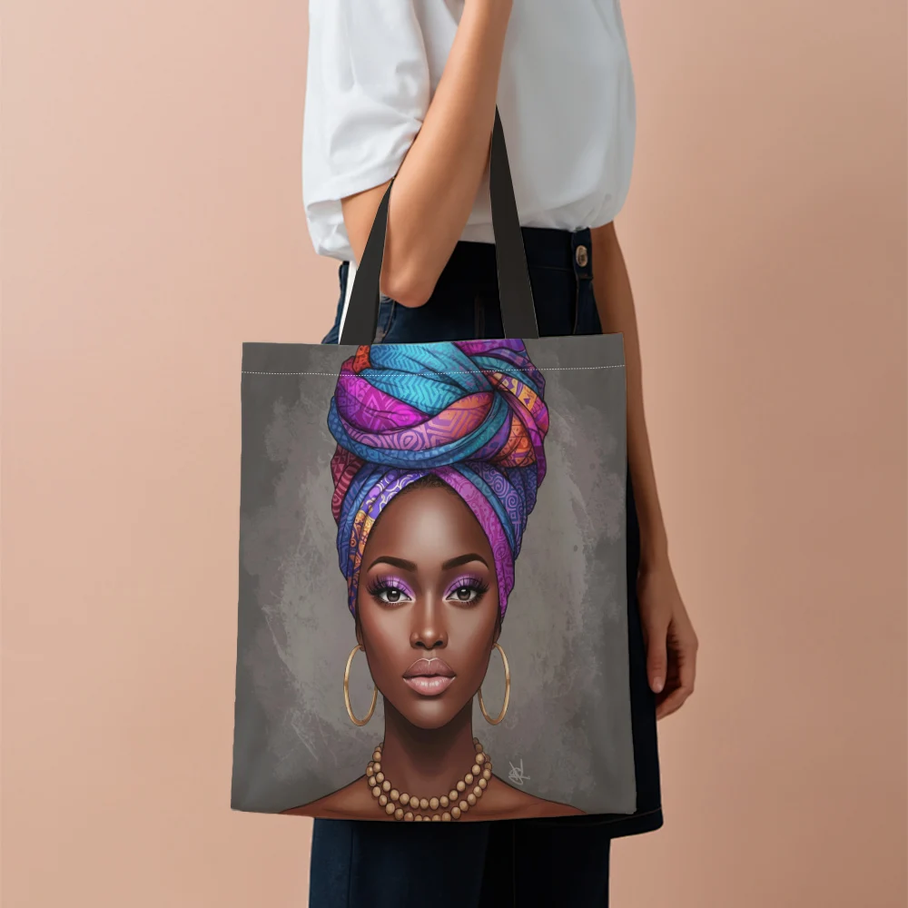 1Pc African American Women Extra Grocery Bag Gold Tattoos Earrings Turban Pretty Girl Reusable Tote Bag Casual Beach Shopping