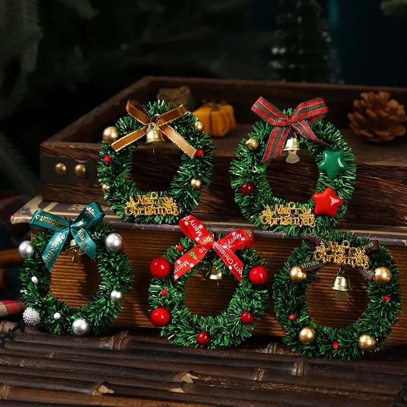 Christmas Mini Wreath Fridge Magnet,Tiny Xmas Garland Magnetic Sticker with Bell & Ribbon,Winter Holiday Home Kitchen Decoration