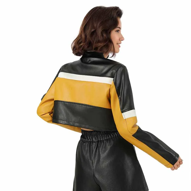 Y2K – veste en cuir épissé pour femme, manteau de moto tendance, couleur contrastée, fermeture éclair, Pu, Sexy, Slim Fit, vestes courtes