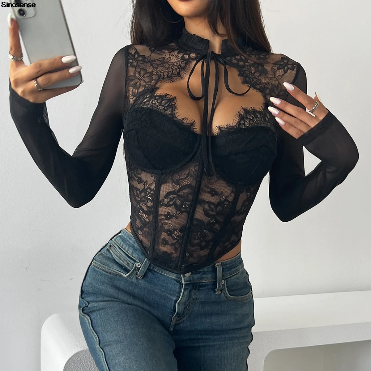 Damen Sheer Mesh Tops Langarm Mock Neck Floral Spitze Bluse Sexy Durchsichtige Hemden Y2K Date Night Club Party Korsett Top