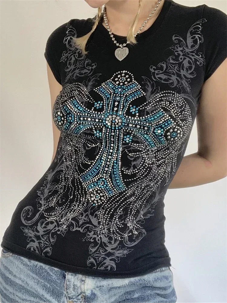 Women Summer T-shirt Rhinestone Retro Print Short Sleeve Round Neck Slim Fit Tee Tops Gothic Punk Shirts
