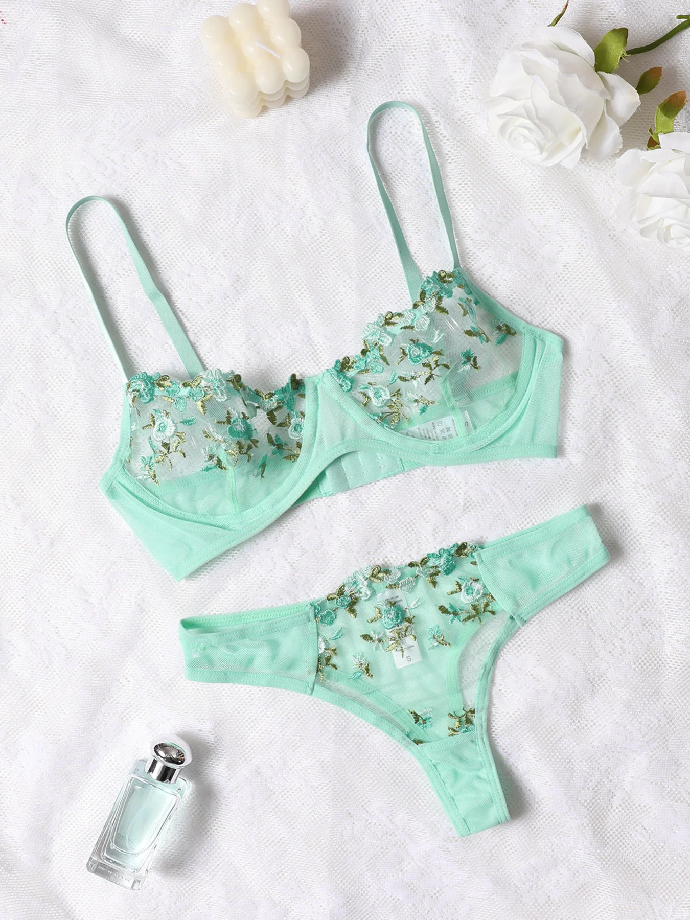 Sexy Women 2 Piece Floral Embroidery Underwear Green Round Up Night Beautiful Erotic Lingerie Underwear Lenceria Sexy Sets