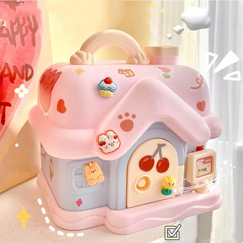 Cute House Piggy Bank With 3D Sticker Kawaii Large Size Safe Money Box Organizer With Key Birthday Gift For Girl Boy Kids Adults