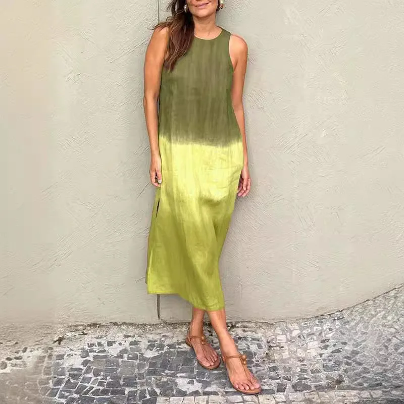 Verão feminino casual sem mangas fenda moda gradiente vestido 2025 temperamento longo vestido sem mangas para mulher