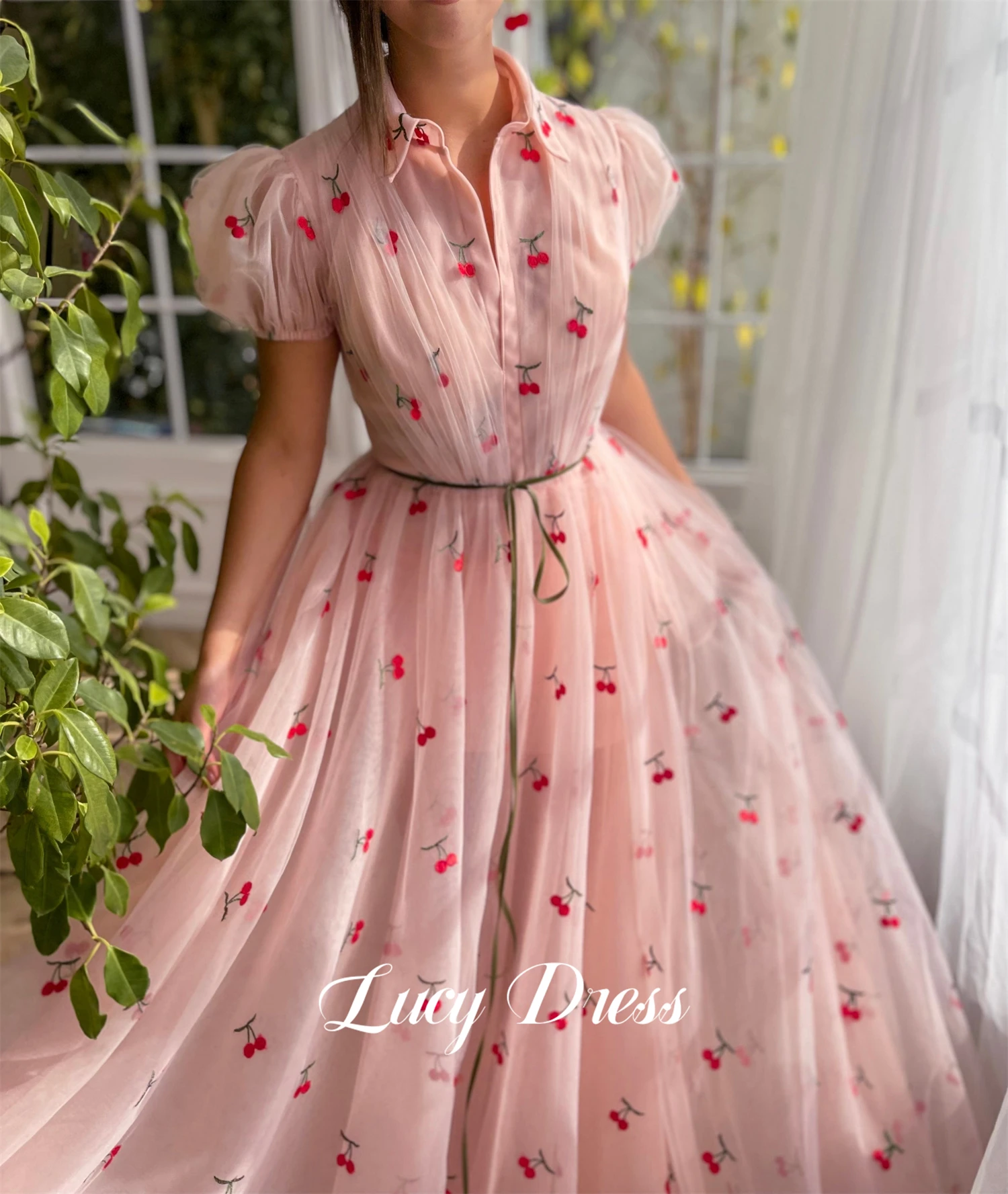 Lucy Line A Retro Puff Sleeves Cherry Decoration Mesh Pink Ball Gown Graduation Prom Dress Women Elegant Party Dresses Gala