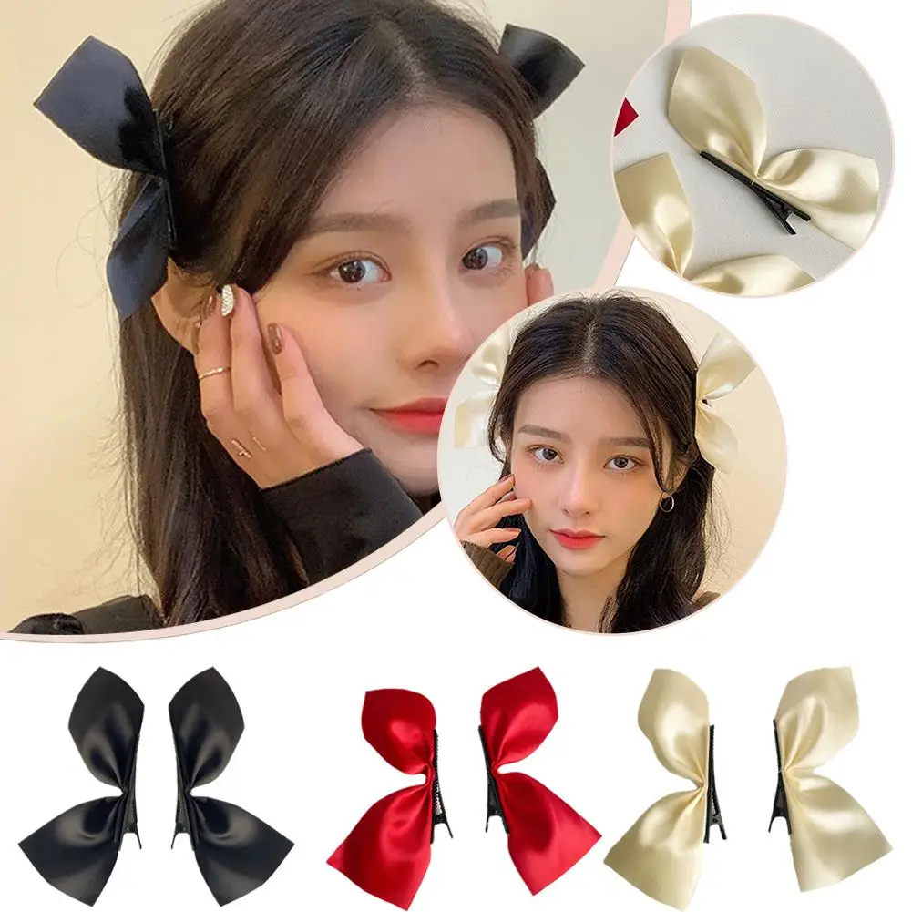 2PCS Sweet Bows Hairpins Solid Color Bowknot Hair Clips For Girls Satin Butterfly Barrettes Duckbill Clip Kids Hair Accessories