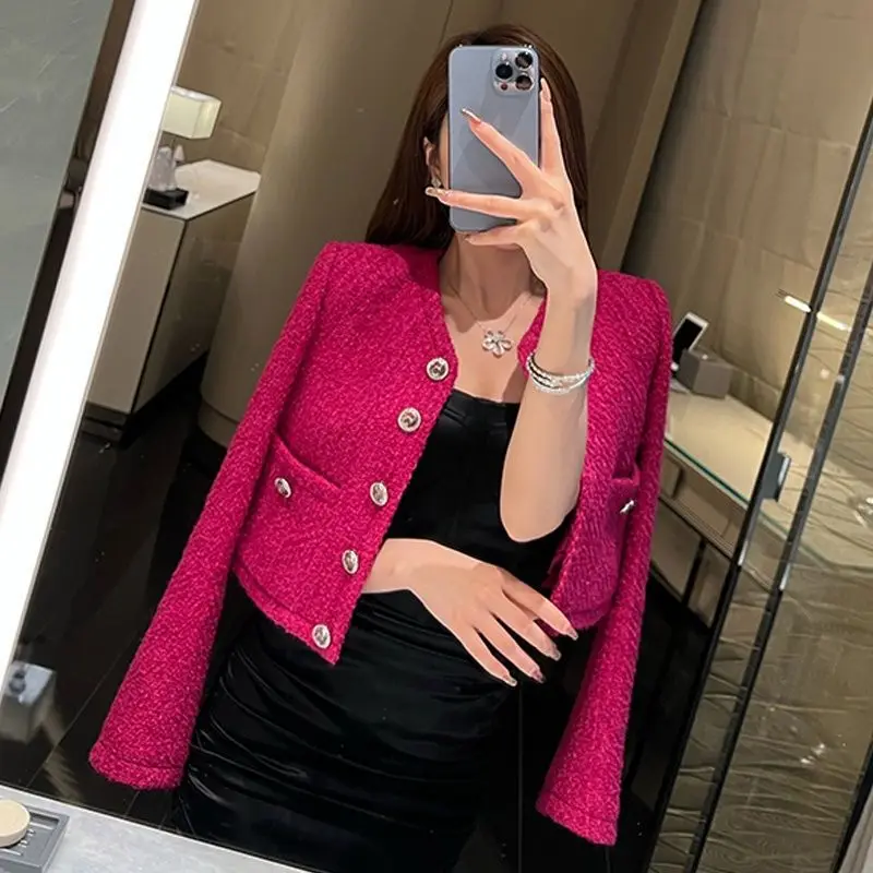 

Korea New Arrive Temperament Small Fragrance Retro Grid Short Woolen Jacket Women Spring O-neck Single Breasted Tweed Coat A07