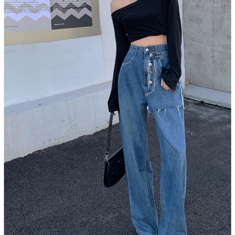 

Vintage Blue High Waist Women Jeans Stars American Fashion Streetwear Wide Leg Jean Female Trouser Straight Baggy Denim Pants