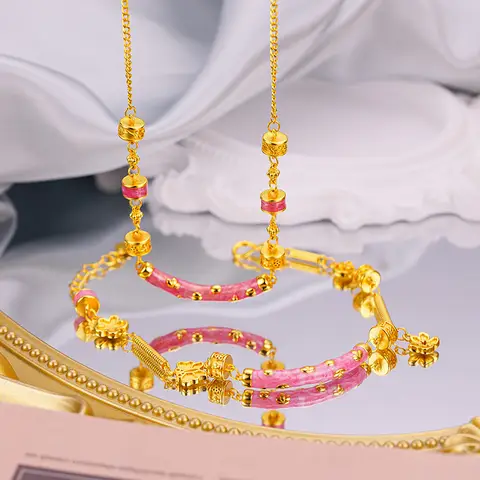 au9999 gold Monet Garden Series enamel Curved Bracelet Necklace 24K real gold blue French set bracelet