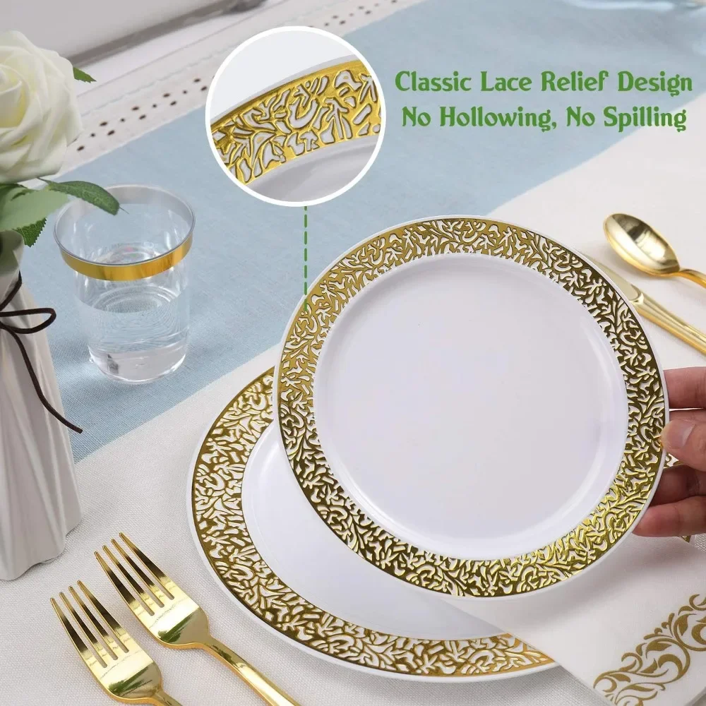 350pcs Gold Disposable Dinnerware Set for 50 Guests, Dinner Plates, Dessert Plates, Cups, Napkins, 50 Silverware Set