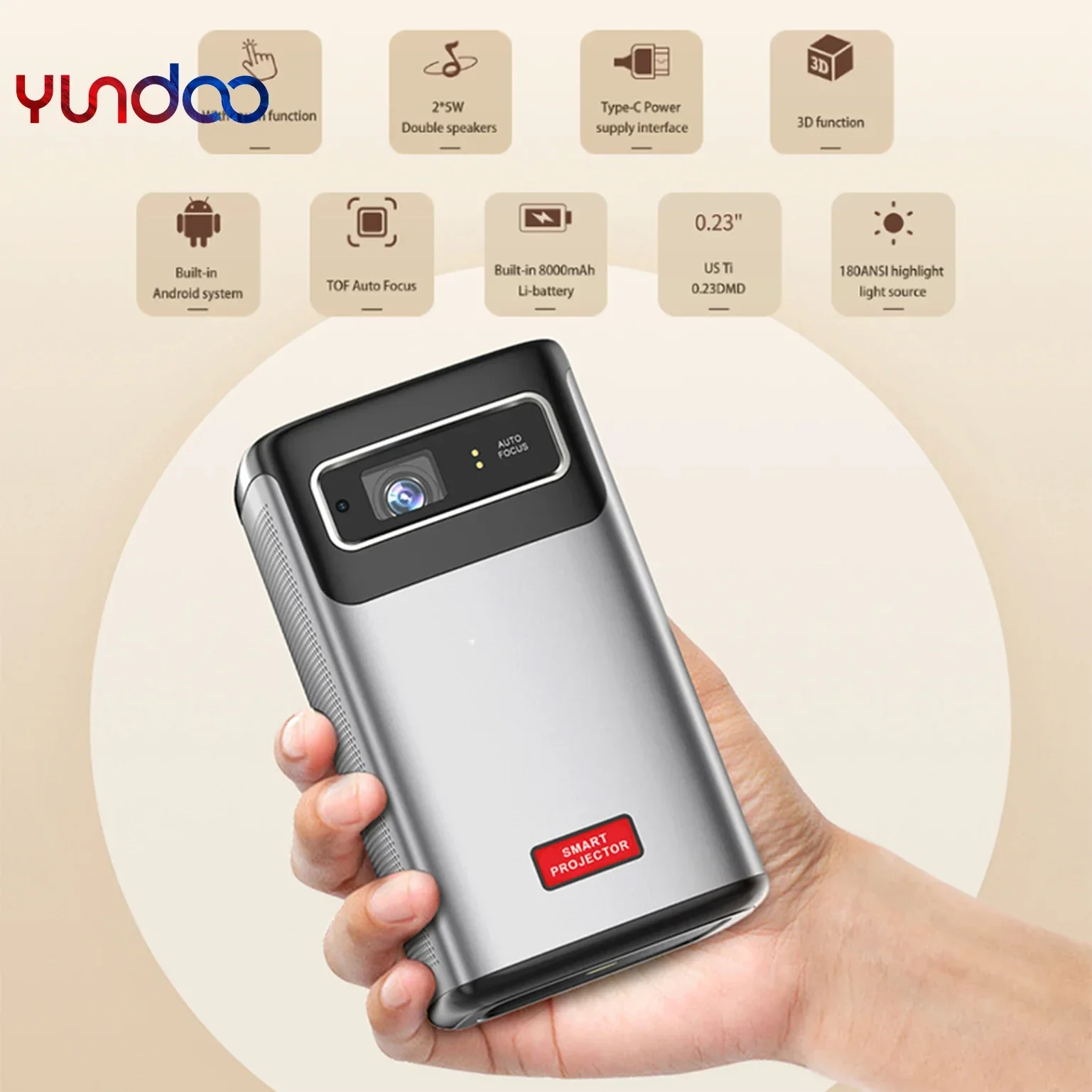 2026 YUNDOO Newest 4K 3D Android Smart WIFI Pico Mini Pocket Portable LED DLP Projector Home Theater for Smartphone Tablet PC