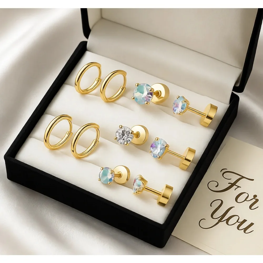 

Гипоаллергенный набор серег из титана и стали: пусеты с плоской застежкой, кольца, кубический цирконий, семь пар для чувствительных ушей