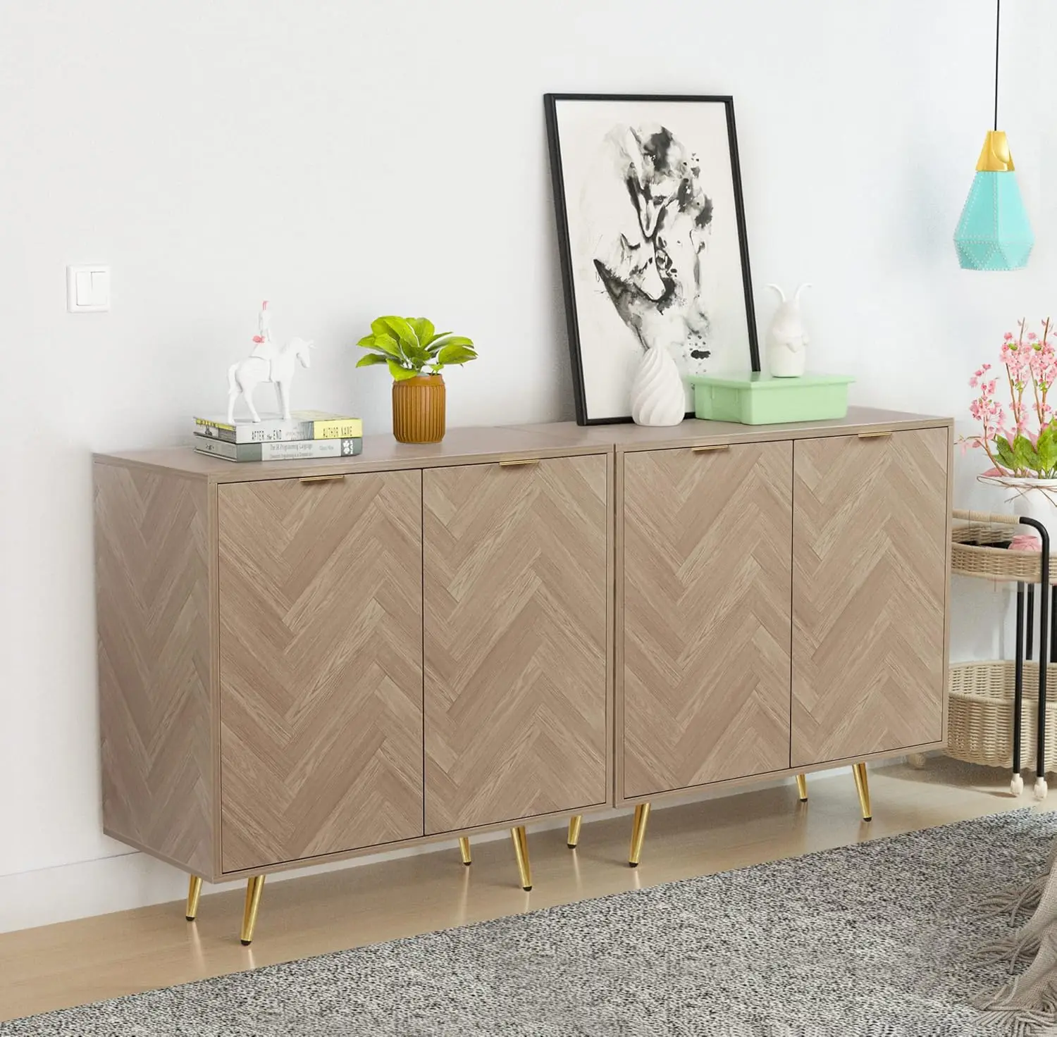 Sideboard Buffet Cabinet, Natural Oak Accent Cabinet with 2 Doors and Adjustable Shelf Storage Cabinet for Kitchen Hallway