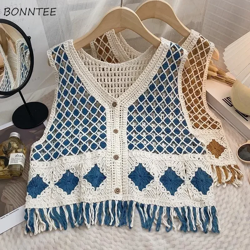 

Crop Sweater Vest Women Vintage Tassel Patchwork Casual All-match Holiday Korean Style Fashion Summer V-neck Streetwear College