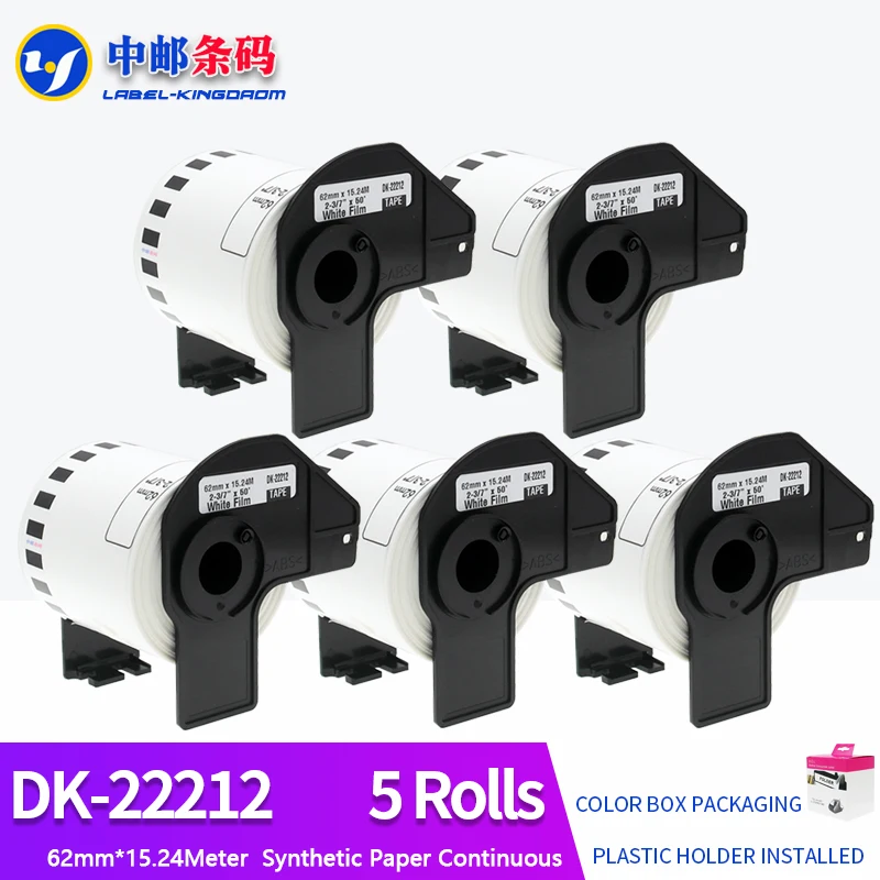 5 Rolls Generic DK-22212 Label 62mm*15.24M Continuous Compatible for Brother Printer QL-570/700 All Include Plastic Holder